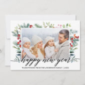Calligrafie Happy New Year Winter Greenery Foto Feestdagenkaart (Voorkant)