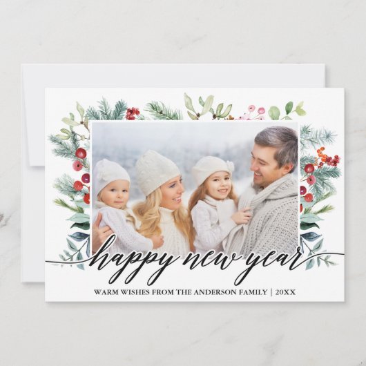 Calligrafie Happy New Year Winter Greenery Foto Feestdagenkaart (Voorkant)