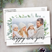 Calligrafie Happy Nieuwjaar Pine Greenery Foto Briefkaart