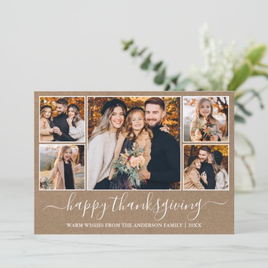 Calligrafie Happy Thanksgiving Kraft 5 Foto Feestdagenkaart (Staand voorkant)