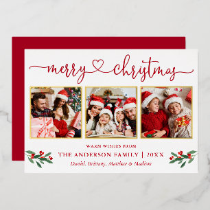 Calligrafie Harart. 3 Foto Kerstmis Holly Red Gold Folie Feestdagenkaart