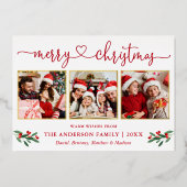 Calligrafie Harart. 3 Foto Kerstmis Holly Red Gold Folie Feestdagenkaart (Voorkant)