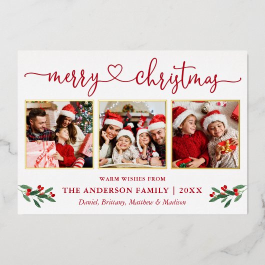 Calligrafie Harart. 3 Foto Kerstmis Holly Red Gold Folie Feestdagenkaart (Voorkant)