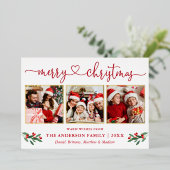 Calligrafie Harart. 3 Foto Kerstmis Holly Red Gold Folie Feestdagenkaart (Staand Voorkant)
