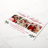Calligrafie Harart. 3 Foto Kerstmis Holly Red Gold Folie Feestdagenkaart (Gedraaid)