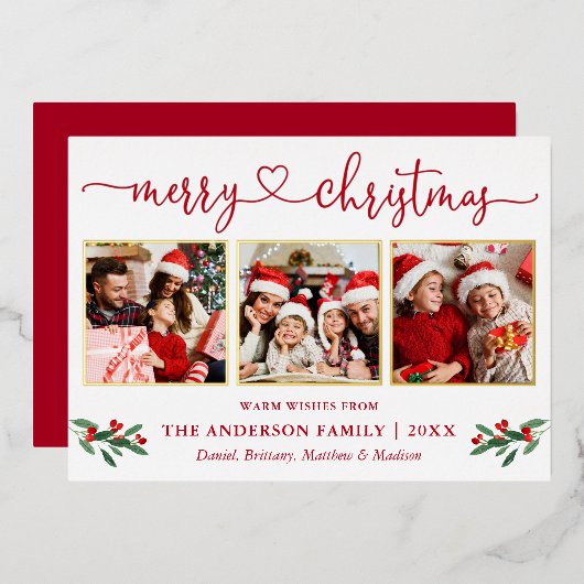 Calligrafie Harart. 3 Foto Kerstmis Holly Red Gold Folie Feestdagenkaart (Voorkant / Achterkant)