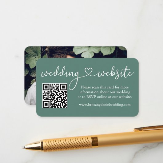 Calligrafie Harde Eucalyptus Green Wedding Web QR Informatiekaartje (Voorkant / Achterkant in situ)