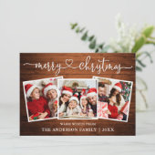 Calligrafie Harde kerst Kerst Merry Wood 3 Foto Feestdagenkaart (Staand voorkant)