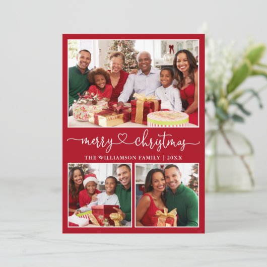 Calligrafie Harde kerst Kerst Rood 3 Foto Feestdagenkaart (Staand voorkant)