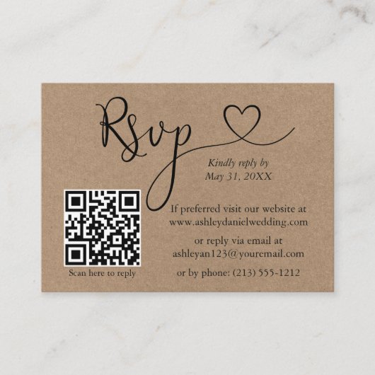 Calligrafie Harde QR Foto Weddenschap Kraft RSVP Informatiekaartje (Voorkant)