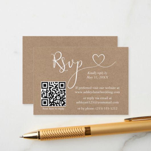 Calligrafie Harde QR Kraft Wedding RSVP Informatiekaartje (Voorkant / Achterkant in situ)