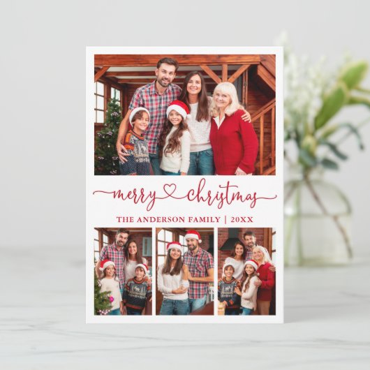 Calligrafie Hardehandschrift Kerstmis 4 Fotorood Feestdagenkaart (Staand voorkant)