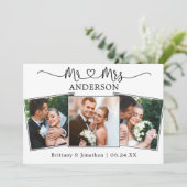 Calligrafie Hart Mr. en Mrs Wedding 3 Foto's Bedankkaart (Staand voorkant)