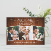 Calligrafie Hart Mr Mrs Wedding 3 Foto's Wood Bedankkaart (Staand voorkant)