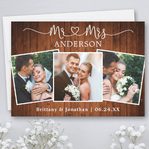 Calligrafie Hart Mr Mrs Wedding 3 Foto's Wood Bedankkaart