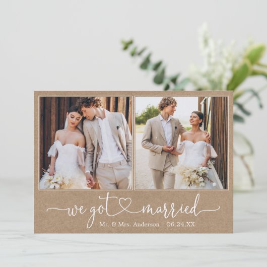 Calligrafie-hart We zijn getrouwd 2 Foto Kraft Aankondiging (Staand voorkant)