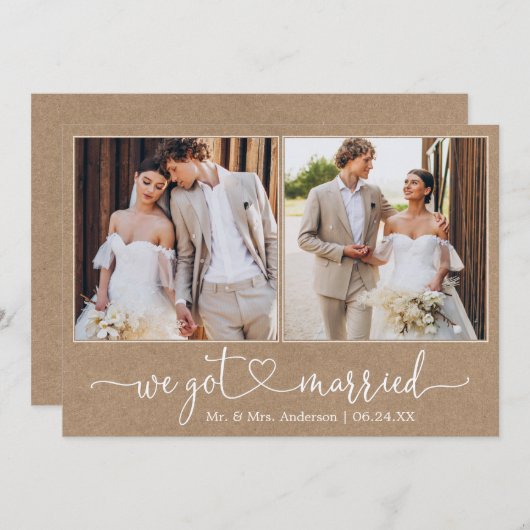 Calligrafie-hart We zijn getrouwd 2 Foto Kraft Aankondiging (Voorkant / Achterkant)