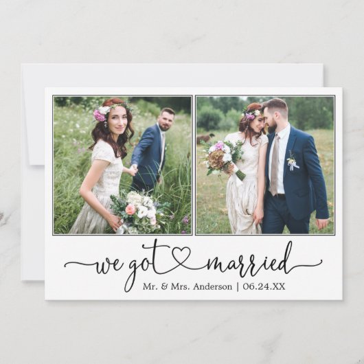Calligrafie-hart We zijn getrouwd met 2 foto-bruil Aankondiging (Voorkant)