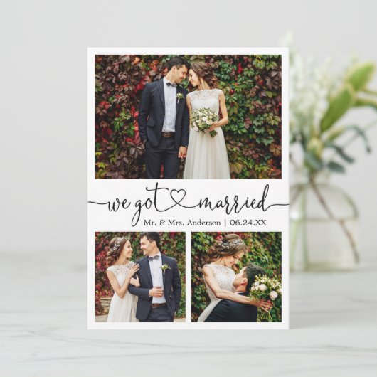 Calligrafie-hart We zijn getrouwd met 3 foto's huw Aankondiging (Staand voorkant)