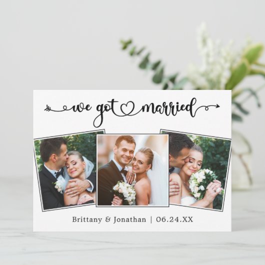 Calligrafie-hart We zijn getrouwd met 3 foto's huw Aankondiging (Staand voorkant)