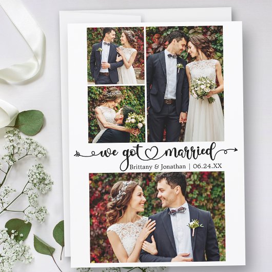 Calligrafie-hart We zijn getrouwd met 4 foto-bruil Aankondiging