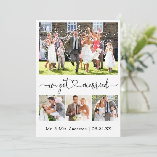 Calligrafie-hart We zijn getrouwd met 4 foto-bruil Aankondiging (Staand voorkant)