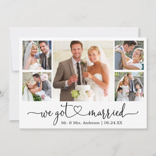 Calligrafie-hart We zijn getrouwd met 5 foto-bruil Aankondiging (Voorkant)
