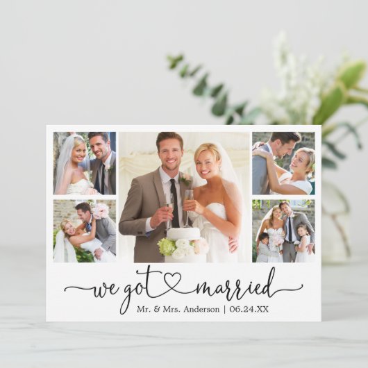 Calligrafie-hart We zijn getrouwd met 5 foto-bruil Aankondiging (Staand voorkant)