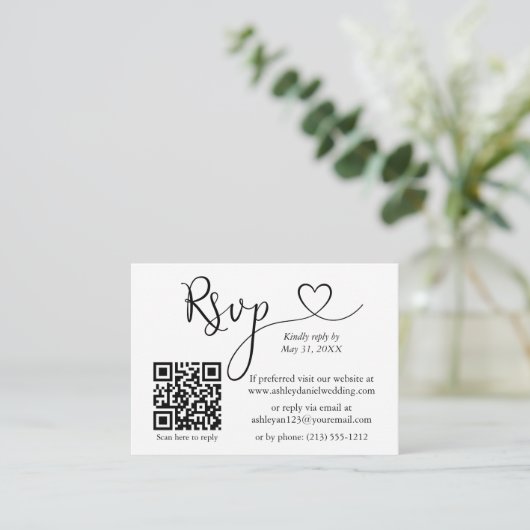 Calligrafie Hart Wedding QR Black RSVP Informatiekaartje (Staand voorkant)