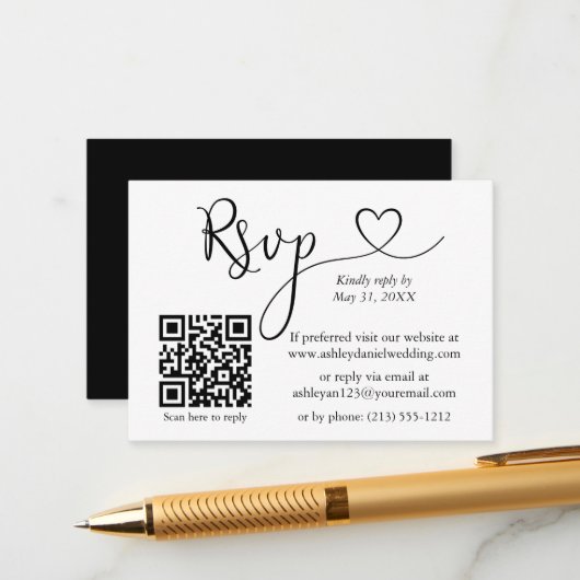 Calligrafie Hart Wedding QR Black RSVP Informatiekaartje (Voorkant / Achterkant in situ)
