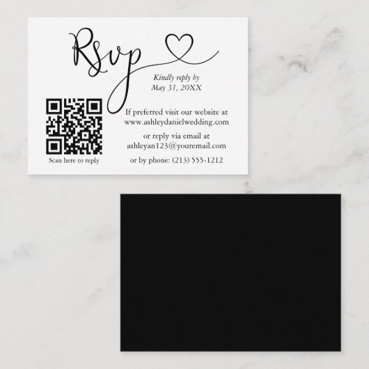 Calligrafie Hart Wedding QR Black RSVP Informatiekaartje (Voorkant / Achterkant)