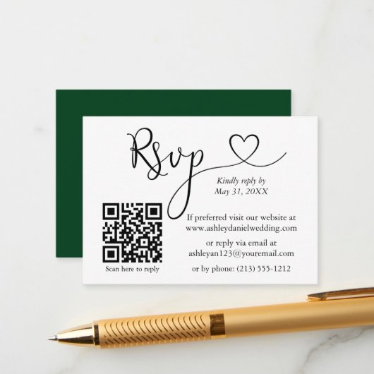 Calligrafie Hart Wedding QR Green RSVP Informatiekaartje (Voorkant / Achterkant in situ)