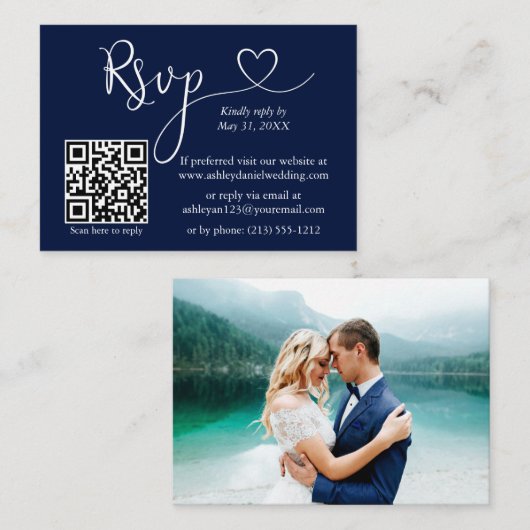 Calligrafie Hartelijk foto Bindje Blue QR RSVP Informatiekaartje (Voorkant / Achterkant)