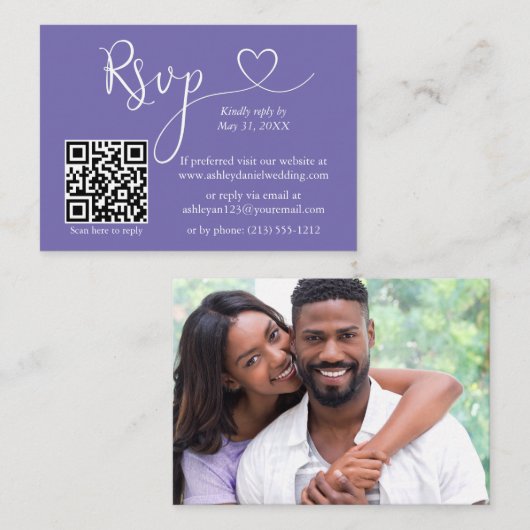 Calligrafie Hartfoto Beriwinkle QR RSVP Informatiekaartje (Voorkant / Achterkant)