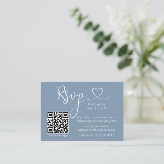Calligrafie Hartfoto Bindend Dusty Blue QR RSVP Informatiekaartje (Staand voorkant)