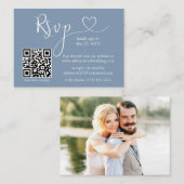 Calligrafie Hartfoto Bindend Dusty Blue QR RSVP Informatiekaartje (Voorkant / Achterkant)