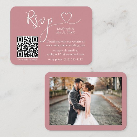 Calligrafie Hartfoto Bindend Roos RSVP QR Informatiekaartje (Voorkant / Achterkant)