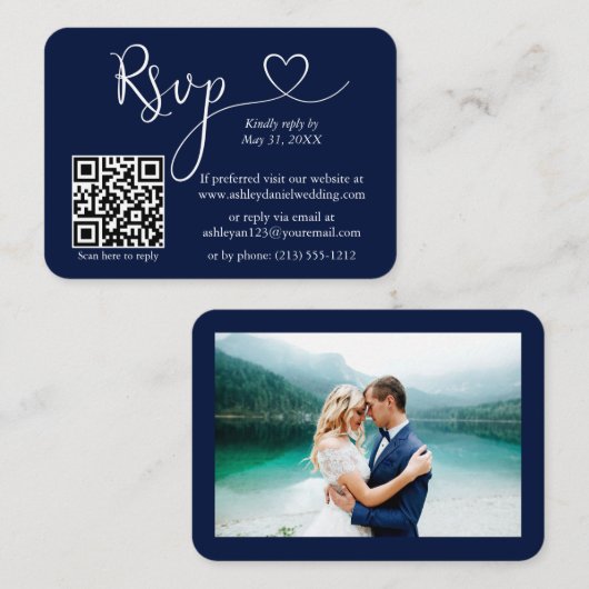 Calligrafie Hartfoto Bindje Blauwe RSVP QR Informatiekaartje (Voorkant / Achterkant)