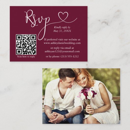 Calligrafie Hartfoto Buwsport Burgundy QR RSVP Informatiekaartje (Voorkant / Achterkant)