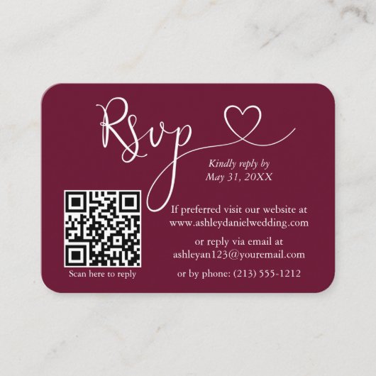 Calligrafie Hartfoto Buwsport Burgundy RSVP QR Informatiekaartje (Voorkant)