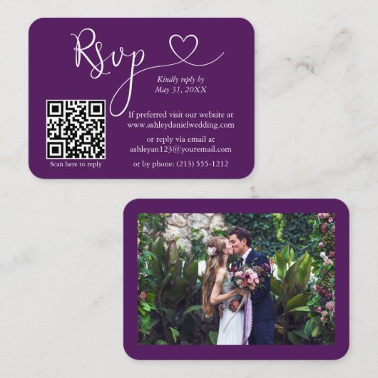 Calligrafie Hartfoto Weddenschap Paarse RSVP QR Informatiekaartje (Voorkant / Achterkant)