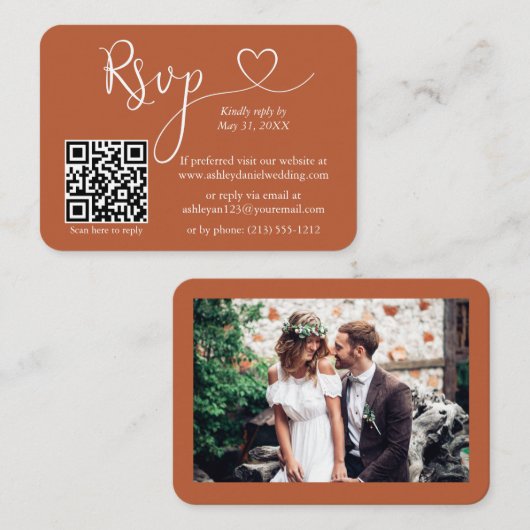Calligrafie Hartfoto Weddenschap Terracotta RSVP Q Informatiekaartje (Voorkant / Achterkant)