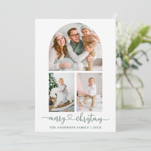 Calligrafie Hartsegment Groene Arch Fotokerstfeest Feestdagenkaart (Staand voorkant)