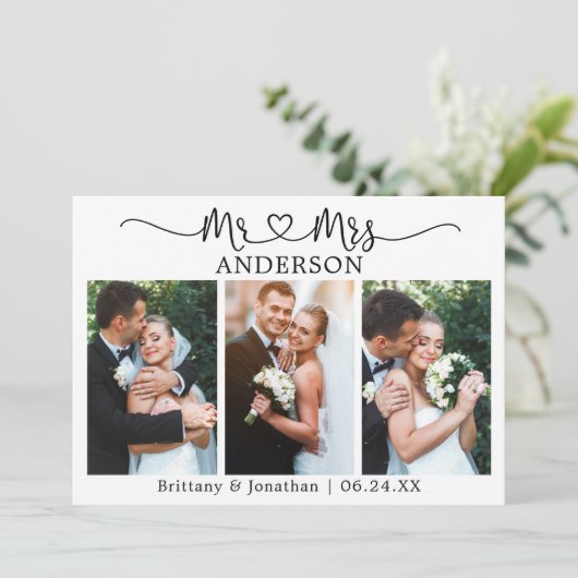 Calligrafie Heart 3 Foto's Mr en Mrs Wedding Bedankkaart (Staand voorkant)