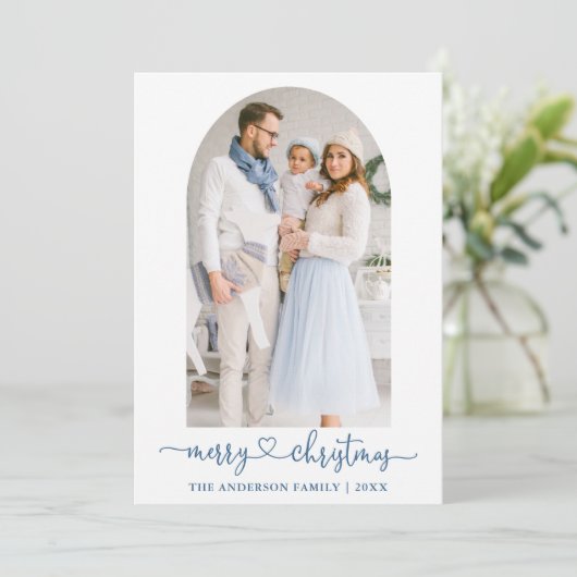 Calligrafie Heart Dusty Blue Photo Arch Kerstmis Feestdagenkaart (Staand voorkant)