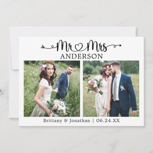 Calligrafie Heart Mr. en Mrs. 2 Photo Wedding Bedankkaart (Voorkant)