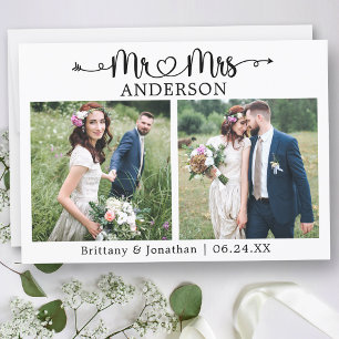 Calligrafie Heart Mr. en Mrs. 2 Photo Wedding Bedankkaart