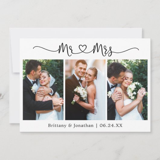 Calligrafie Heart Mr. en Mrs. 3 Photo Wedding Bedankkaart (Voorkant)