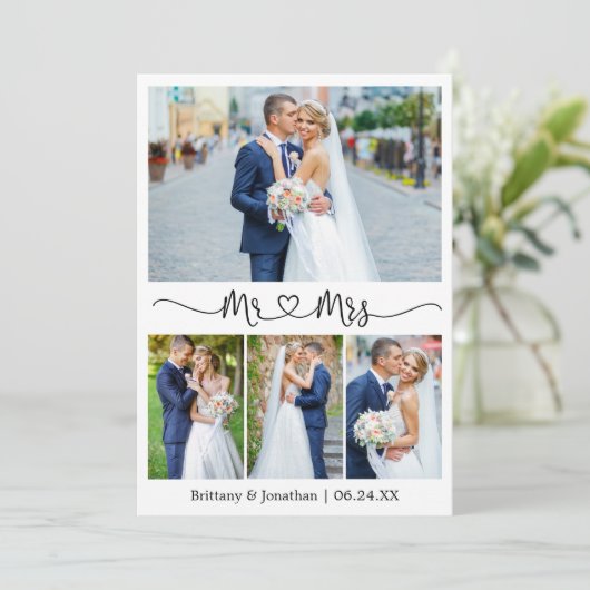 Calligrafie Heart Mr. en Mrs. 4 Photo Wedding Bedankkaart (Staand voorkant)