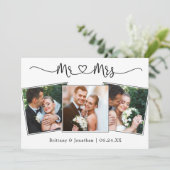 Calligrafie Heart Mr. en Mrs Wedding 3 Foto Bedankkaart (Staand voorkant)